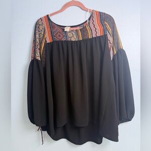 Boutique Women's Black Peasant Blouse with Colorful Embroidered Yoke